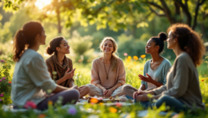 Gruppe von Frauen meditiert in der Natur – Symbol für Achtsamkeit, Gemeinschaft und innere Ruhe.