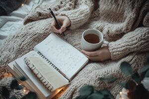 Person in Strickpulli schreibt Notizen in ein Tagebuch und hält eine Tasse Tee.