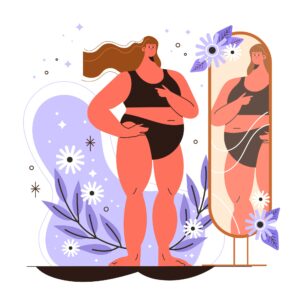 Frau in schwarzer Unterwäsche zeigt auf sich selbst vor einem Spiegel, Body-Positivity-Motiv.