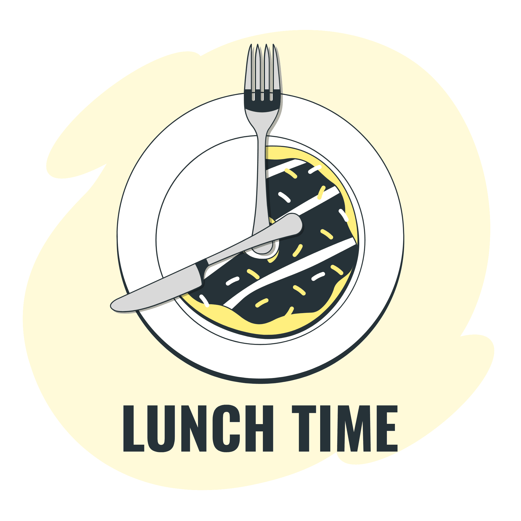 Illustration eines Tellers mit Besteck in Form einer Uhr und dem Text 'Lunch Time'.