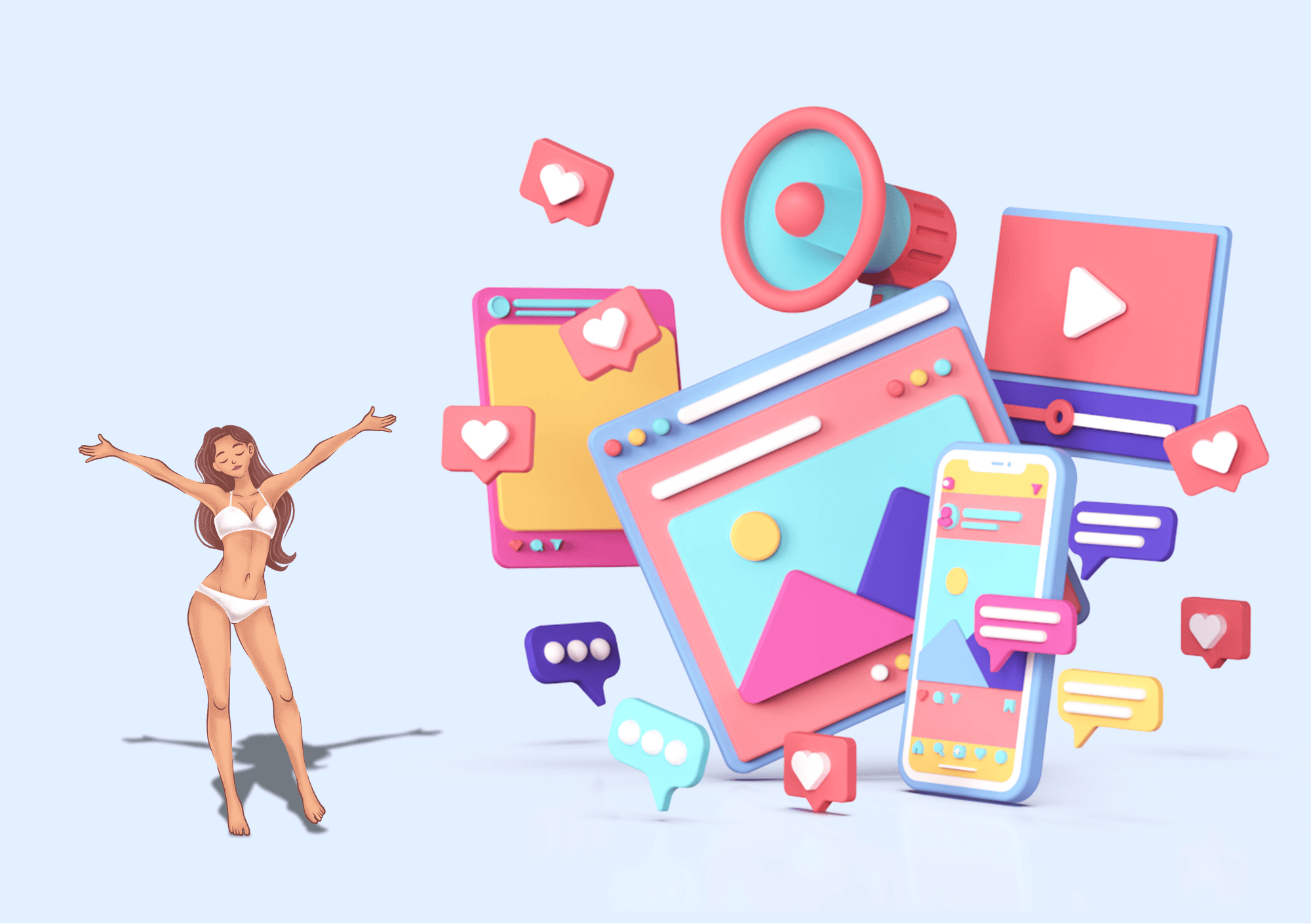 Animierte Frau in Unterwäsche neben Social-Media-Icons mit Likes und Kommentaren