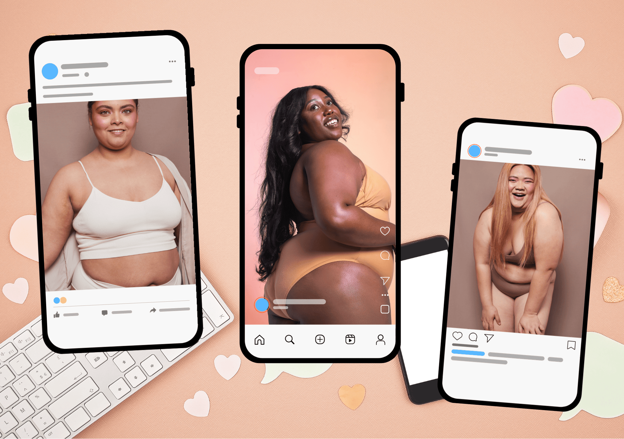 Drei selbstbewusste Plus-Size-Frauen auf Social Media – Symbol für Body Positivity und Sichtbarkeit