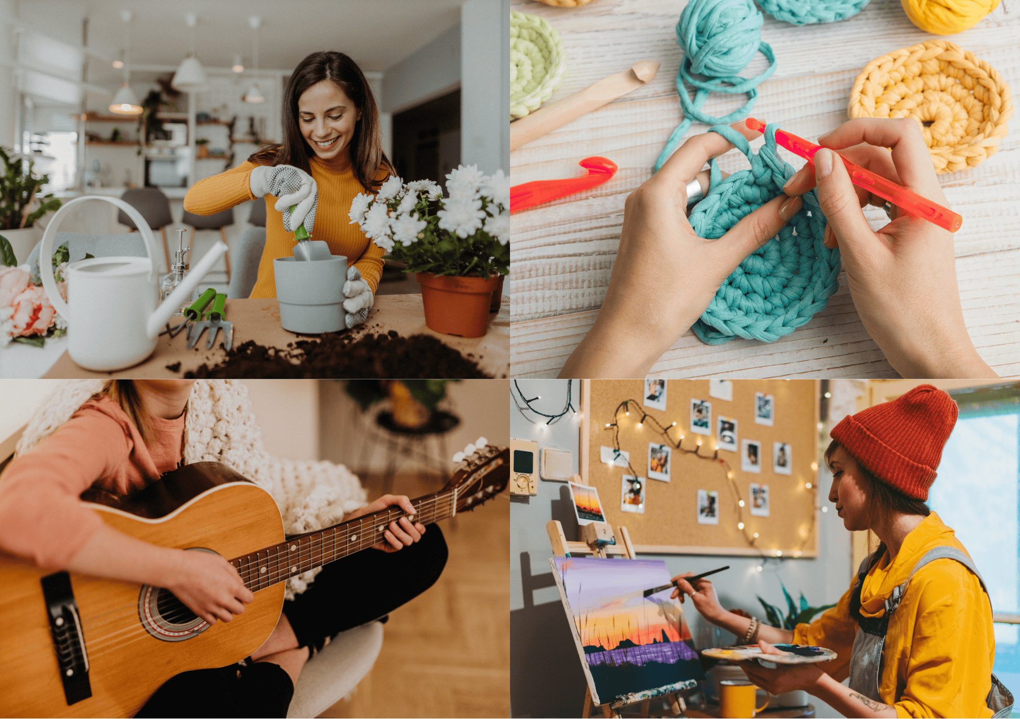 Collage mit Gärtnern, Häkeln, Gitarre spielen und Malen – kreative Auszeit vom Alltag