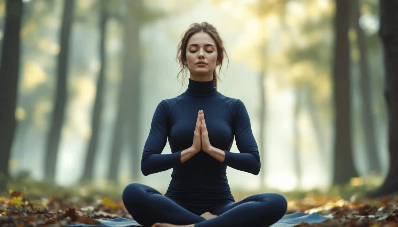 Frau meditiert im Schneidersitz im Wald als Übung zur Körperakzeptanz