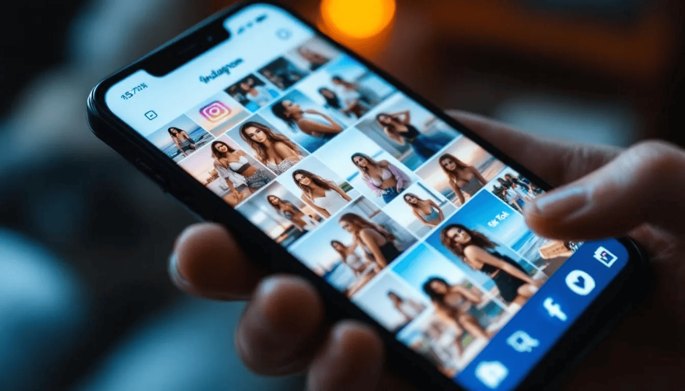 Smartphone zeigt Instagram-Profil mit retuschierten Bildern schlanker Frauen