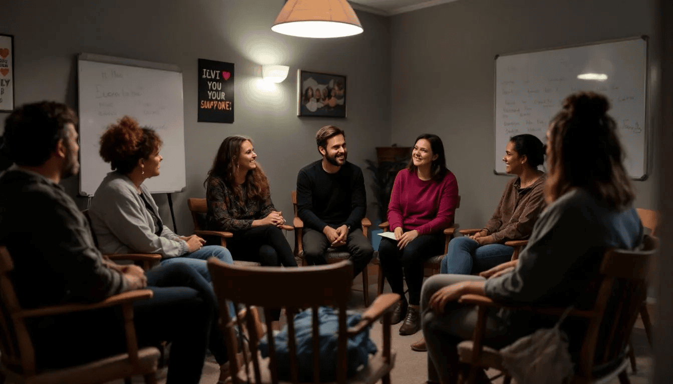 Menschen sitzen im Kreis und sprechen offen über ihre Esssucht in einer unterstützenden Gruppentherapie