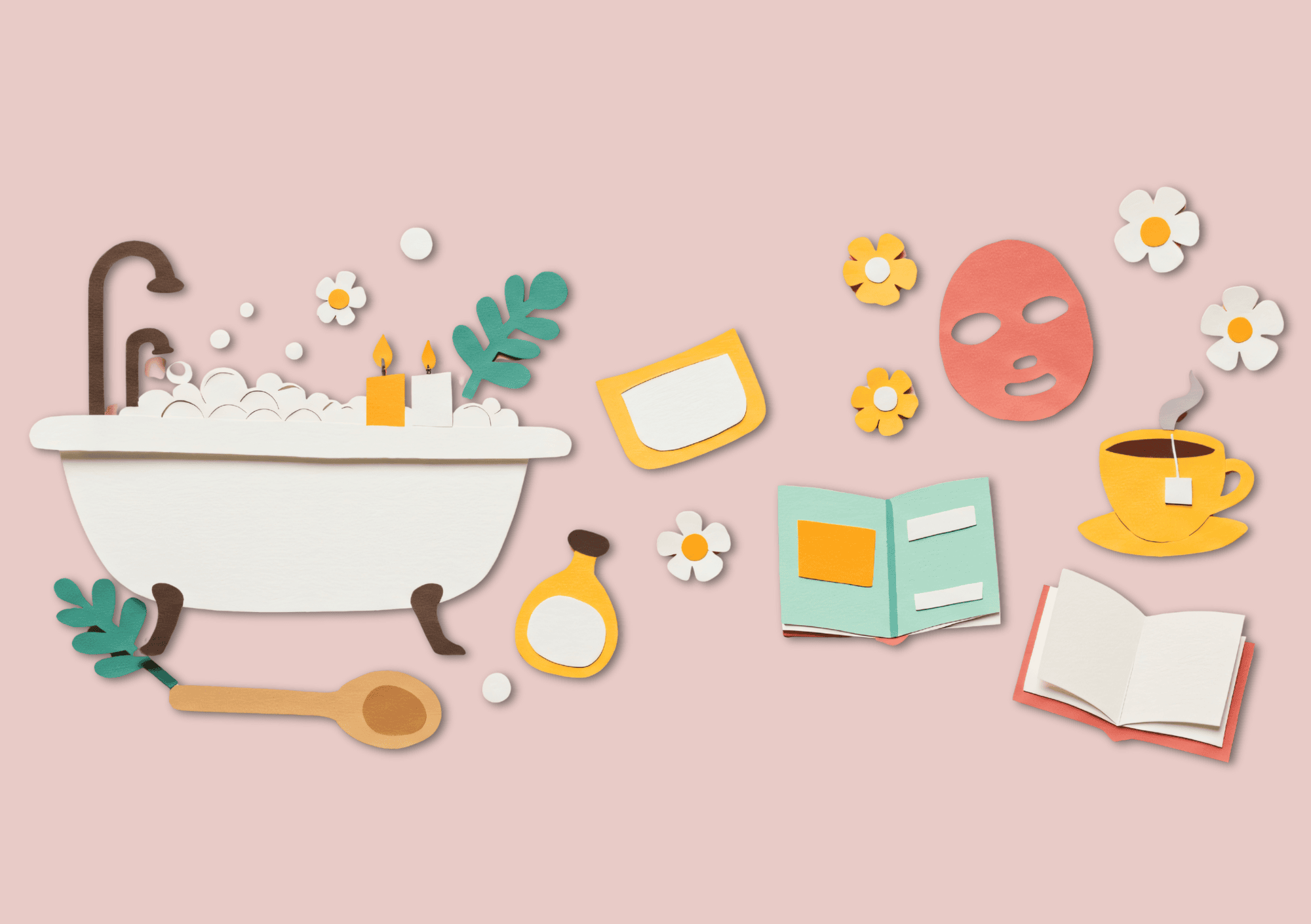 Papercut-Grafik mit Badewanne, Maske, Tee und Büchern als Symbole für Selbstfürsorge