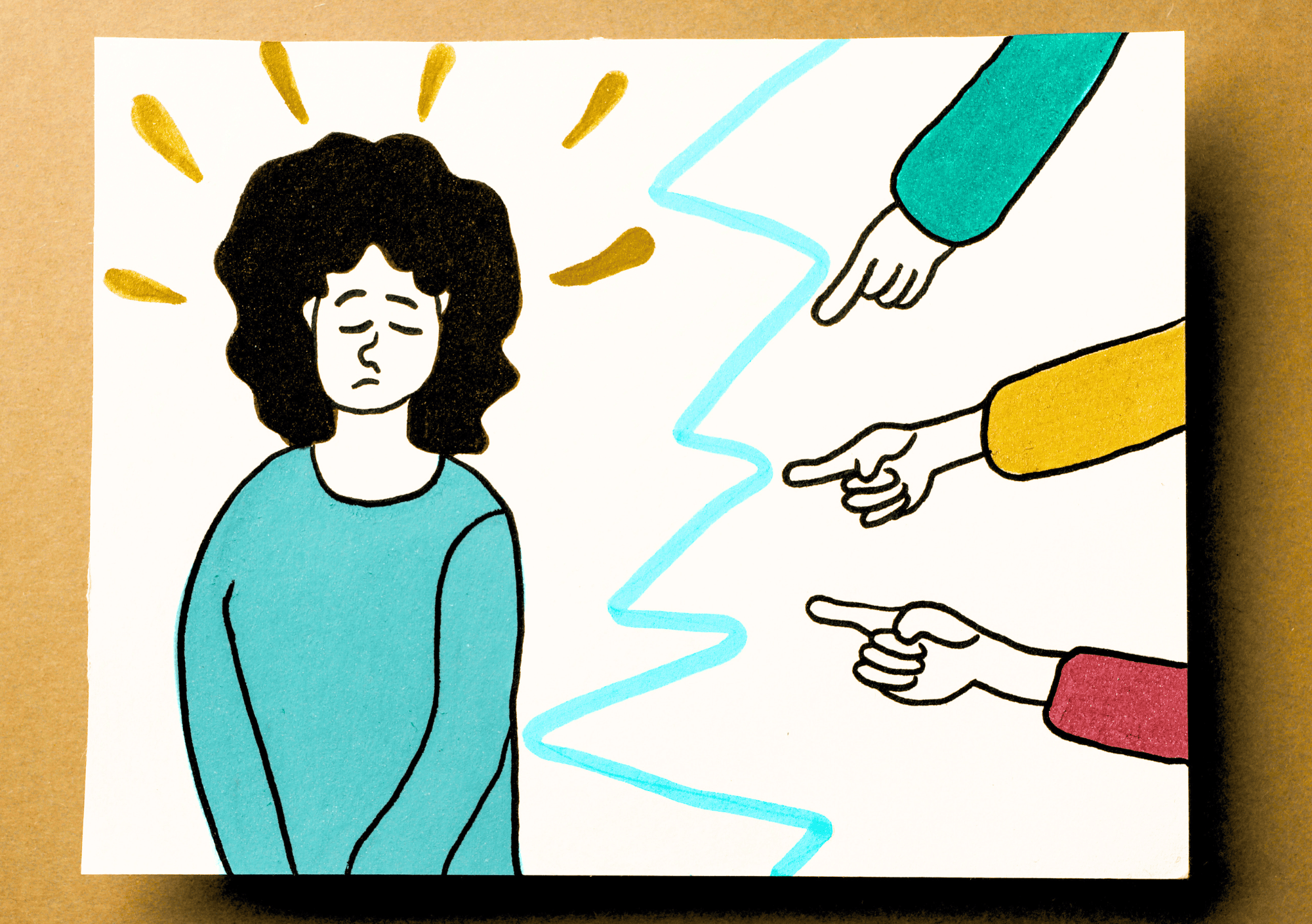 Illustration einer traurigen Person, auf die zeigende Finger als Symbol für Bodyshaming gerichtet sind