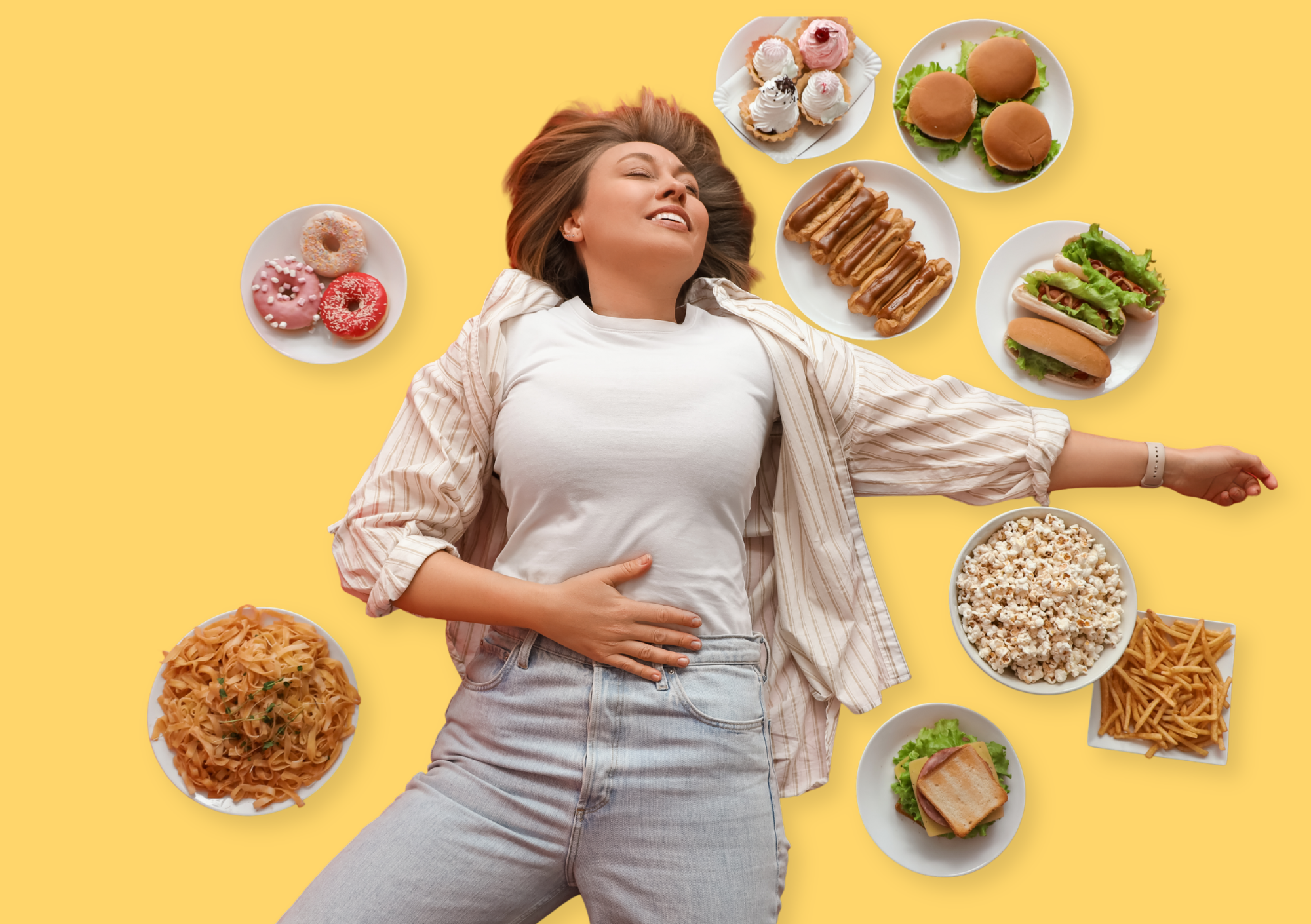 Frau mit Hand auf dem Bauch, umgeben von Fast Food und Süßigkeiten als Symbol für Esssucht